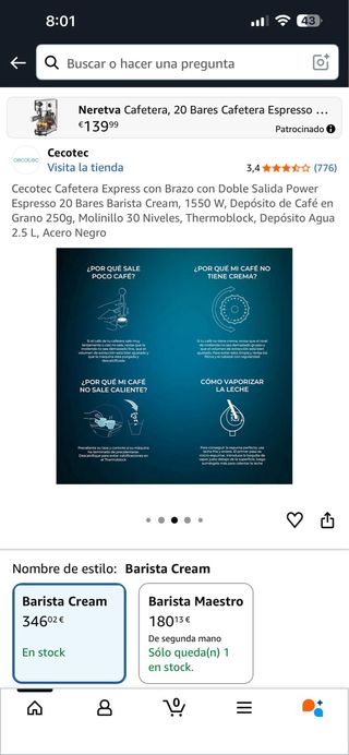 Cafetera Cecotec Barista Cream 1550W