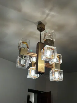 Lampadario unico anni '70 oro e trasparente
