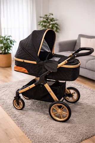 Carrito bebé 3 en 1 NUEVO negro y dorado