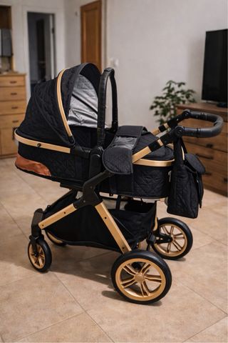 Carrito bebé 3 en 1 NUEVO negro y dorado
