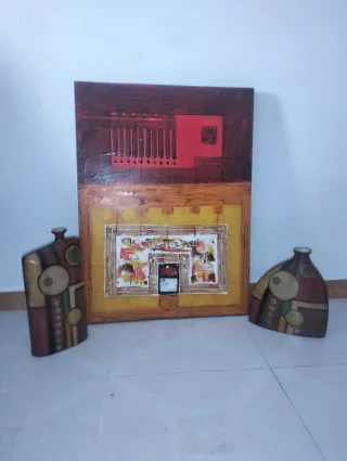 Cuadro y 2 jarrones decorativos