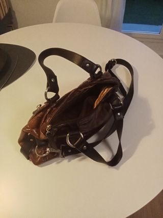 Bolso vintage piel marrón y rojo. Marca Petusco