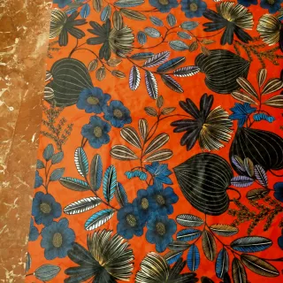 Tela terciopelo/antelina floral naranja y azul