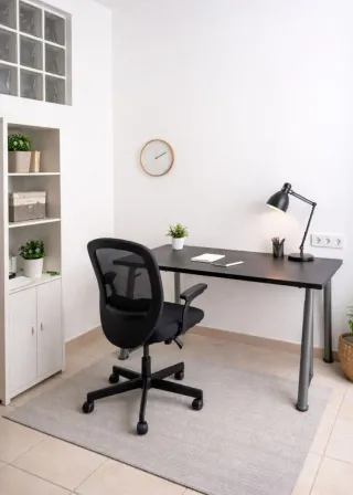 Mesa de oficina negra y alfombra gris