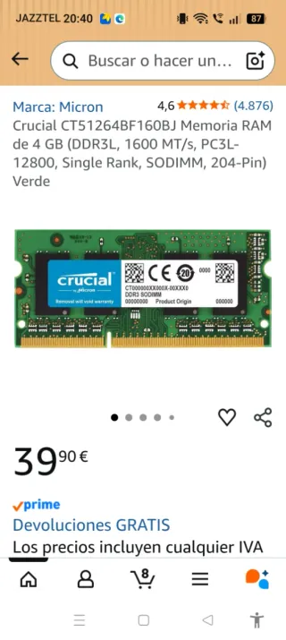 2 Tarjetas Memoria RAM 4GB DDR3L+regalo 1 Asint 1G