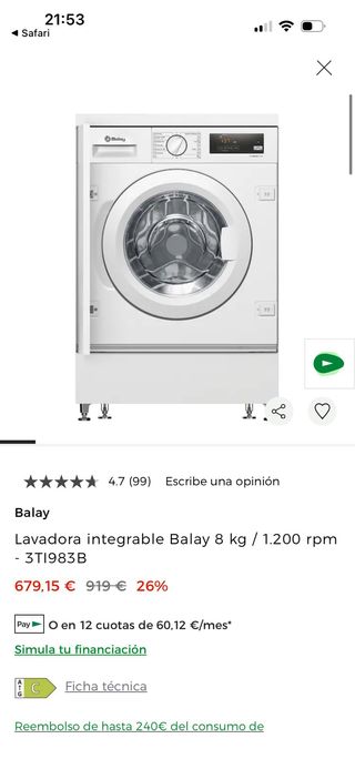 Lavadora Balay Integrable Blanco ExtraSilencio