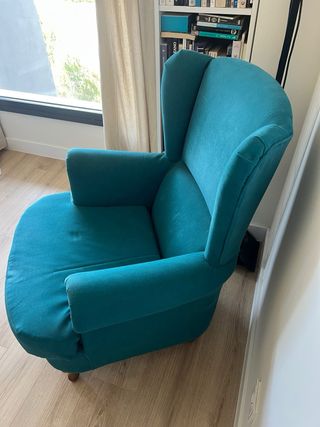 Butaca sillón tela color verde/azul turquesa.