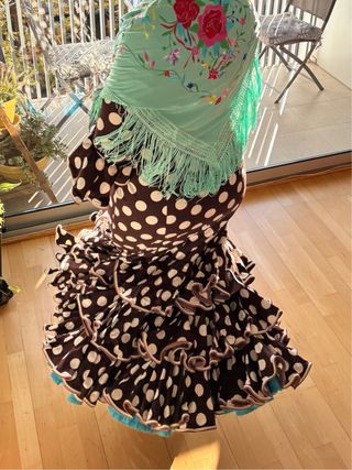 Vestido Flamenca T.44 Marrón Lunares Volantes
