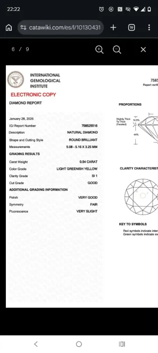 Diamante Natural 0.54 ct IGI L.G. Yellow SI1