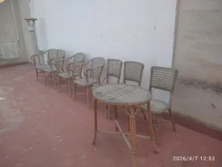 Conjunto Sillas y Banco Mimbre Antiguo