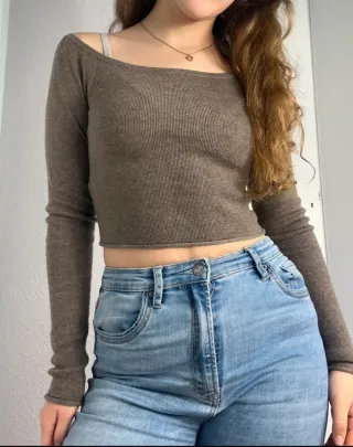 Bershka Top Manga Larga Hombros Descubiertos Marró