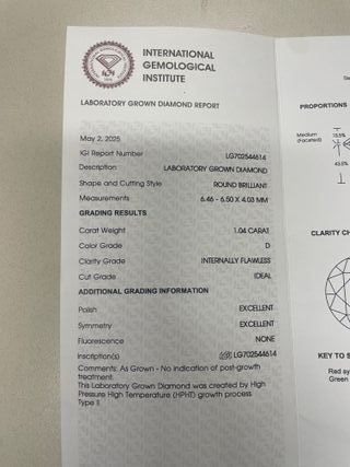 Diamante Lab Grown 1.04 CT D IF IGI