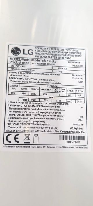 Nevera "nueva" frigorífico LG GBP62DSNFN