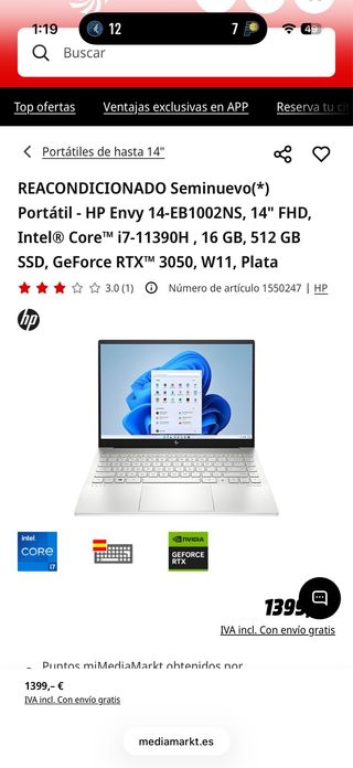 HP Envy 14-EB1002NS  Precio de 1200 euros Nuevo