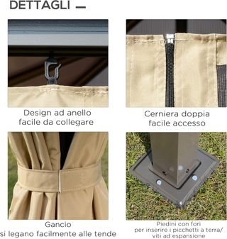 Gazebo da Giardino 3x3m con Tetto in Policarbonato e Zanzariere, Struttura in Alluminio, Marrone e Cachi