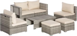 Set da Giardino 8 Pezzi in Rattan PE, Mobili da Giardino Compatti con Poltrone, Tavoli e Pouf, Beige