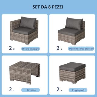 Set di mobili da giardino in rattan PE, set di mobili da esterno salvaspazio con poltrone, tavoli e pouf, grigio