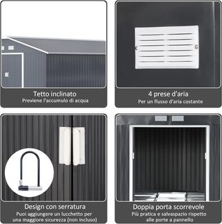 Caseta de Jardín 12.4M² de Acero Galvanizado con Ventilaciones, Cobertizo de Jardín con Techo Inclinado, Doble Puertas Correderas Bloqueables, Cobertizo para Herramientas, 340X386X200 Cm, Gris