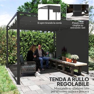Gazebo Pergola 3X3 M Con Tenda a Rullo Protettiva, Fori Di Drenaggio, Pali E Viti, Pergolato Da Giardino In Poliestere E Alluminio, Per Patio, Terrazza, Esterno, Grigio Scuro