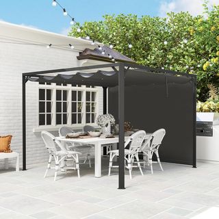 Gazebo Pergola 3X3 M Con Tenda a Rullo Protettiva, Fori Di Drenaggio, Pali E Viti, Pergolato Da Giardino In Poliestere E Alluminio, Per Patio, Terrazza, Esterno, Grigio Scuro