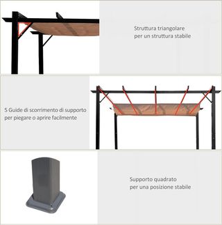 Gazebo Pergola Da Giardino 3X4M Con Tetto Scorrevole In Poliestere E Struttura In Alluminio, Grigio E Marrone