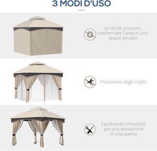 Gazebo da Giardino 3x3 M in Acciaio con Doppio Tetto, Reti e Tende Incluse, Beige e Marrone