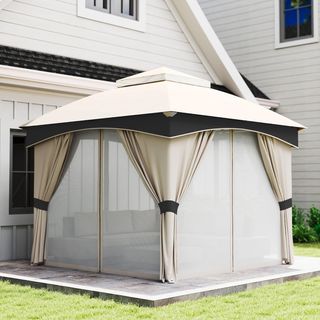 Gazebo da Giardino 3x3 M in Acciaio con Doppio Tetto, Reti e Tende Incluse, Beige e Marrone