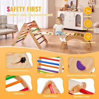 Conjunto de Triángulo Pikler, Juguetes de Escalada para Niños de 5 en 1, Parque Infantil Interior, Conjunto de Escalada Montessori con Triángulo, Rampa y Arco, Gimnasio de Escalada de Madera de Gr...