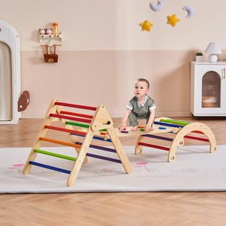Conjunto de Triángulo Pikler, Juguetes de Escalada para Niños de 5 en 1, Parque Infantil Interior, Conjunto de Escalada Montessori con Triángulo, Rampa y Arco, Gimnasio de Escalada de Madera de Gr...