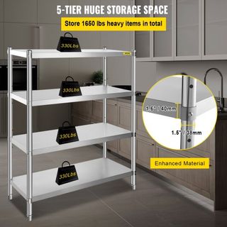 Estantería de Acero Inoxidable, 118.9 x 47 cm Unidad de Almacenamiento de Estante Ajustable de 4 Niveles, Estantería de Acero Inoxidable de Alta Resistencia para Cocina, Oficina Comercial, Almacen...