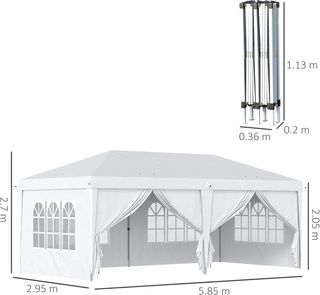 Gazebo pieghevole 6x3 m pop up con 4 finestre e pannelli laterali, 2 porte e borsa da trasporto, gazebo per esterni con 12 fori di drenaggio in metallo e Oxford, per giardino, feste, bianco