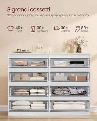 KAILYN Colección - Cajonera Con 8 Cajones, Cómoda, Mueble Con Cajones, Porta Ropa, 40 X 119,4 X 97,5 Cm, Estilo Moderno, Blanco Nieve LTS618WE01