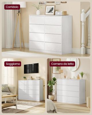 KAILYN Colección - Cajonera Con 8 Cajones, Cómoda, Mueble Con Cajones, Porta Ropa, 40 X 119,4 X 97,5 Cm, Estilo Moderno, Blanco Nieve LTS618WE01