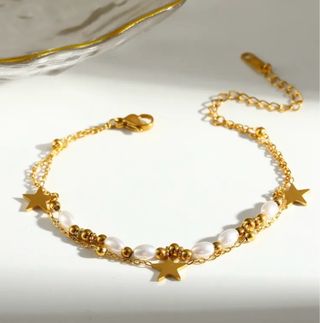 Pulsera Oro 18k Acero Inoxidable Estrellas Perlas
