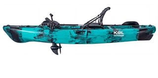 Kayak de pesca azul  propulsado a pedales