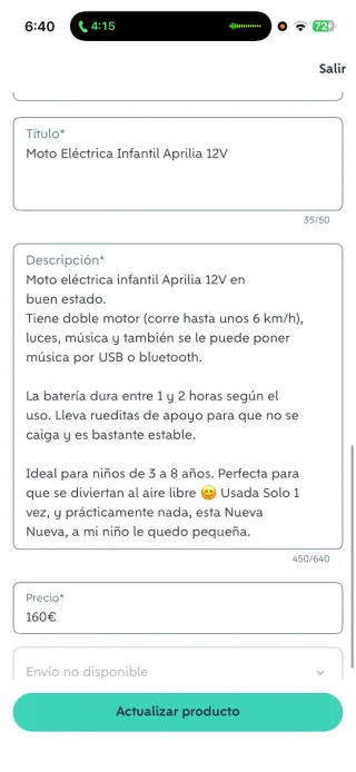 Moto Eléctrica Infantil Aprilia Negra y Amarilla