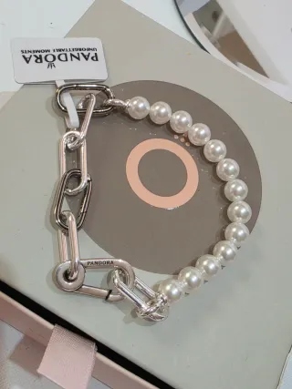 Pulsera Pandora Perlas y Eslabones Plata
