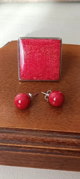 Conjunto Anillo y Pendientes Plata Coral Rojo