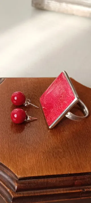 Conjunto Anillo y Pendientes Plata Coral Rojo