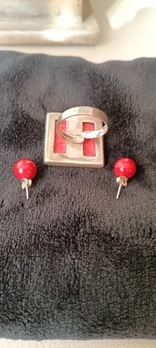 Conjunto Anillo y Pendientes Plata Coral Rojo