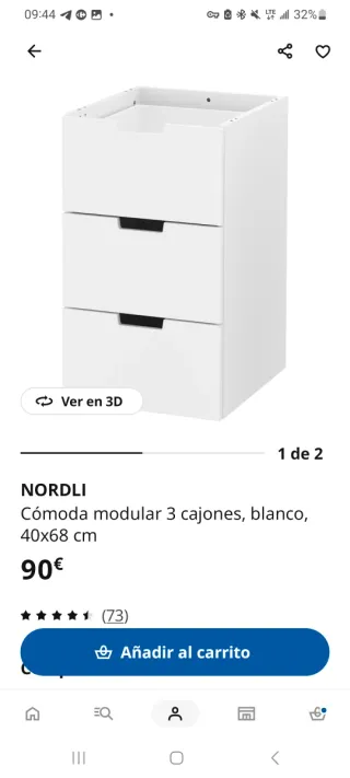 Cómoda modular NORDLI 3 cajones blanca