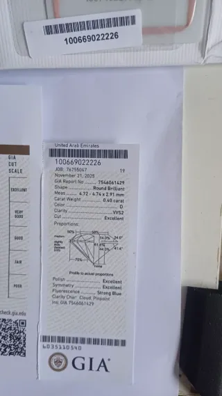 Diamante Natural 0.40 ct GIA D VVS2 3EX