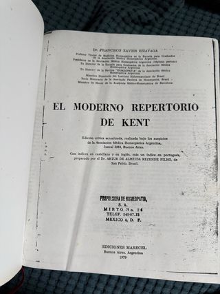 Libro de Homeopatía. Moderno Repertorio de Kent