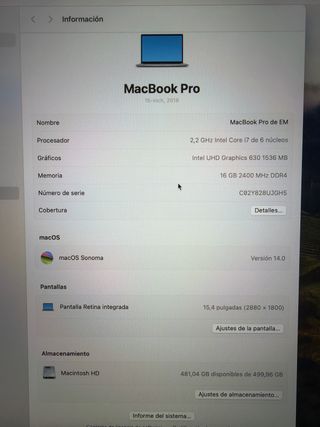 MacBook Pro 15” 2018 i7 16GB RAM 500GB SSD