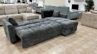 Sofá Cama Chaise Longue Gris Oscuro con Baúl