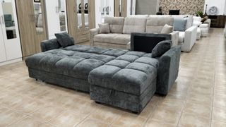 Sofá Cama Chaise Longue Gris Oscuro con Baúl