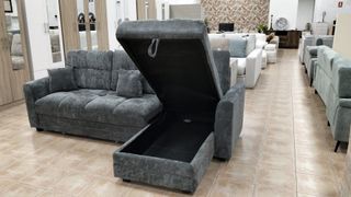 Sofá Cama Chaise Longue Gris Oscuro con Baúl