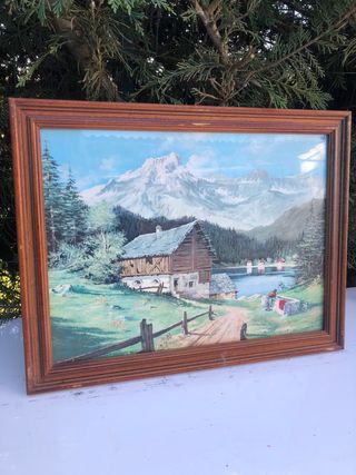 Quadro paesaggio montagna baita lago cornice