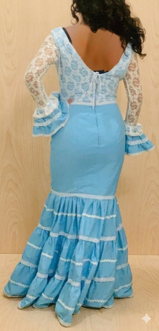 Vestido Flamenca Azul Encaje Blanco