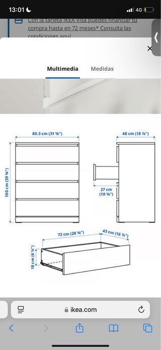 Cómoda MALM 4 cajones blanca 80x100